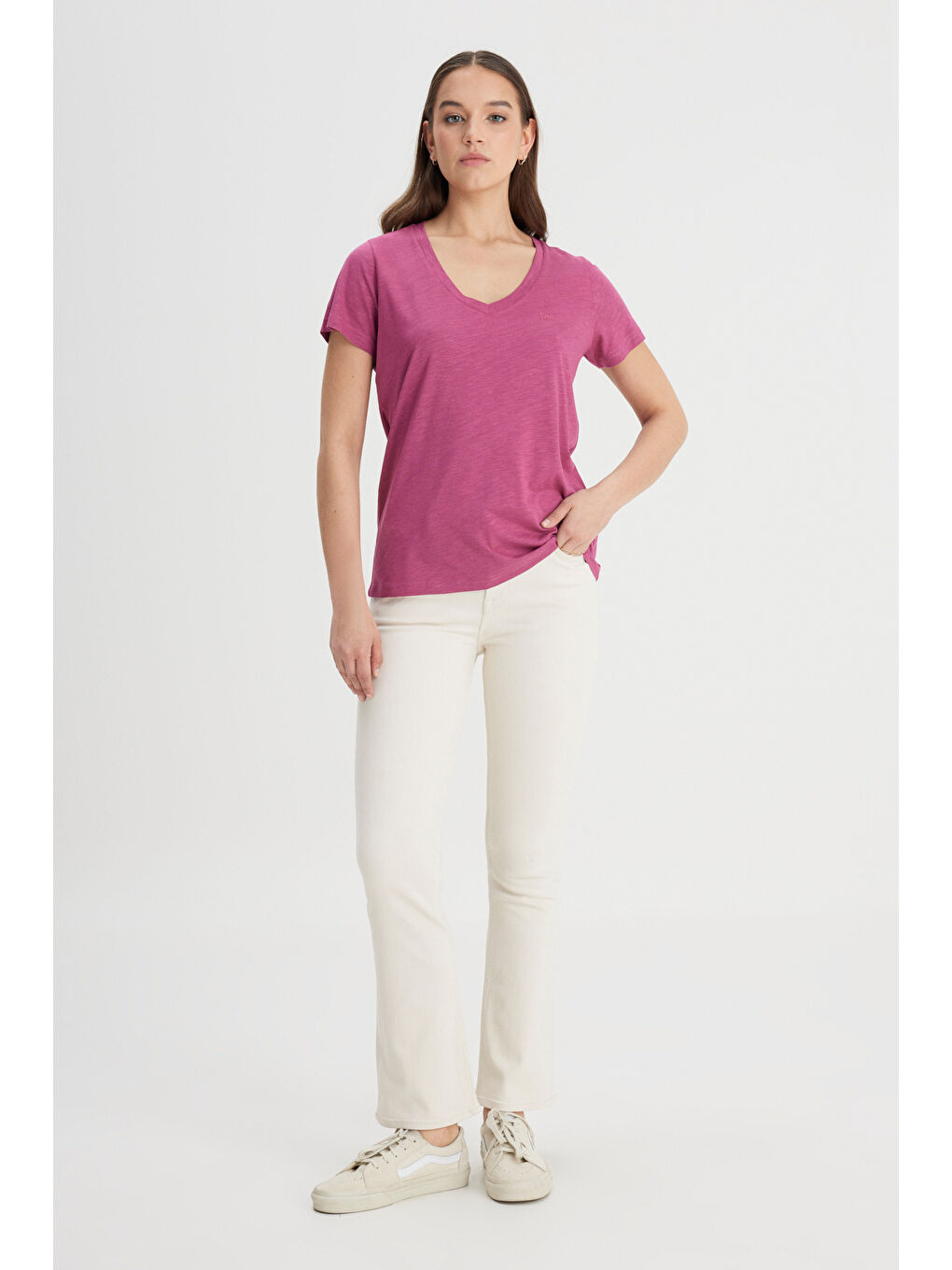 Regular Fit Normal Kesim V Yaka Mor Tişört-2