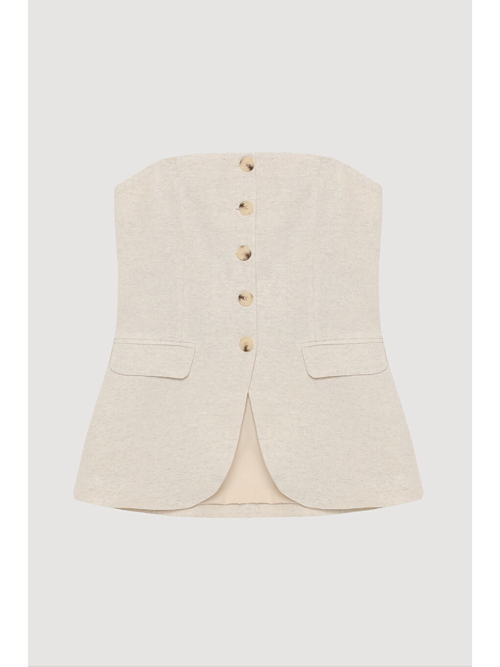 Bej Düğmeli Straplez Keten Bluz Naturel-1