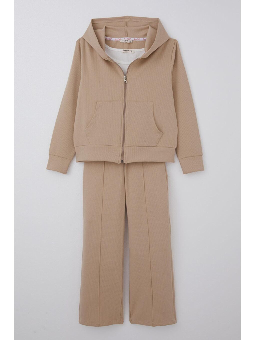 Kız Çocuk 3 Lü Pantolonlu Takım Kapüşonlu Bej  9 14 Yaş