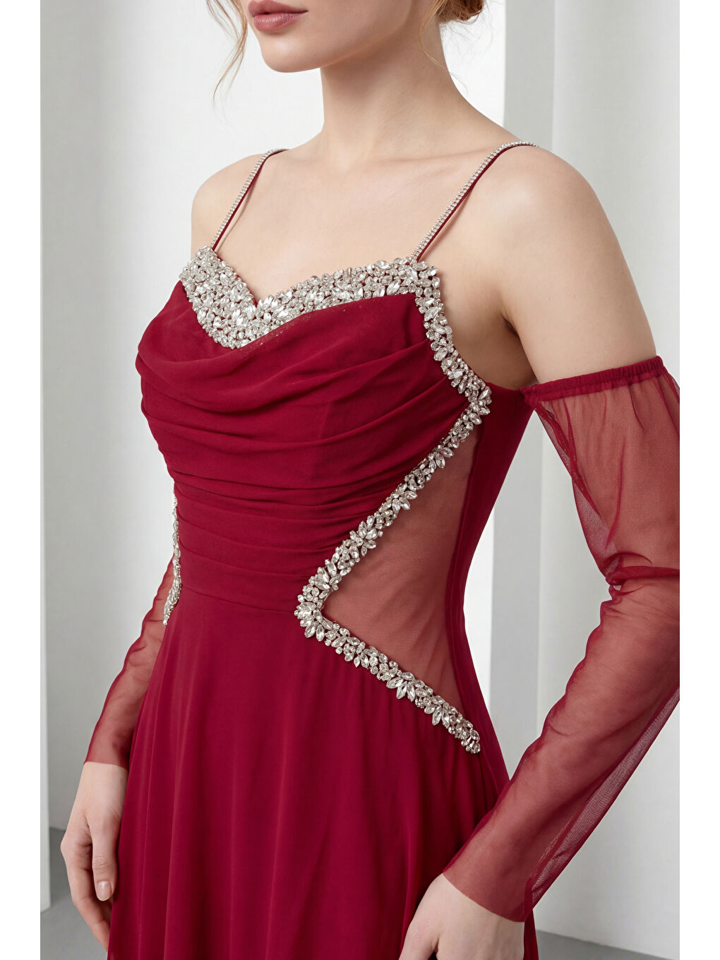 Kadın Bordo Taşlı Şifon Uzun Abiye Elbise-1