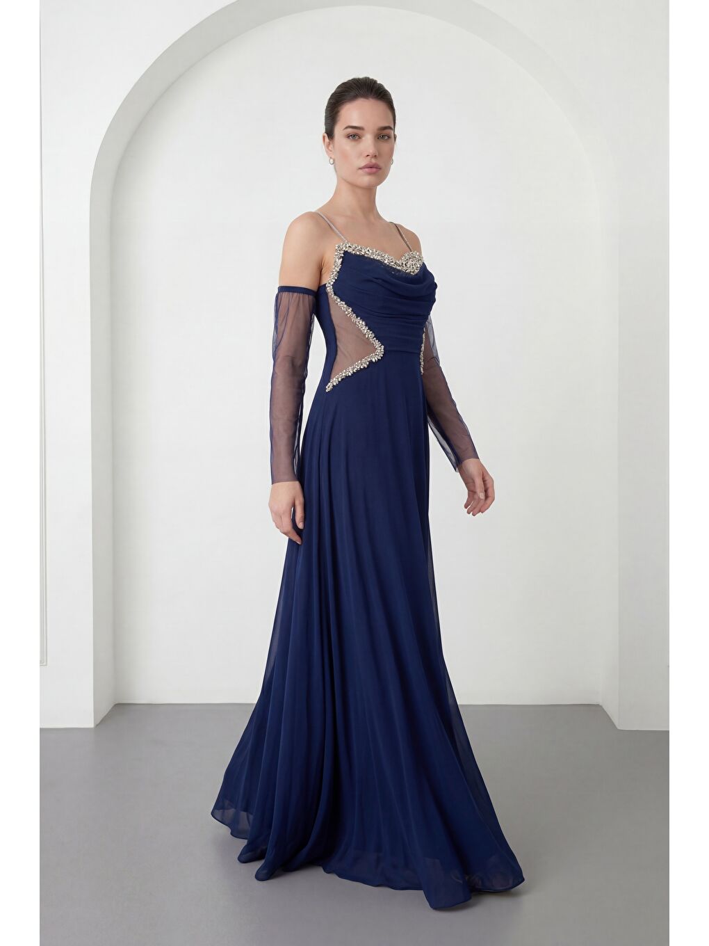 Kadın Lacivert Taşlı Şifon Uzun Abiye Elbise-1