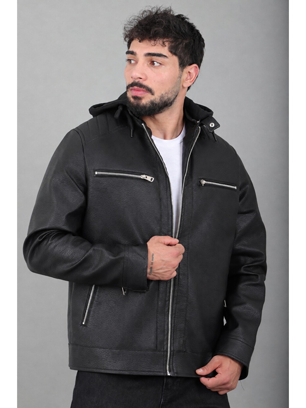 Siyah Penye Kapüşonlu Suni Deri Mont Kmd 836_50519-1