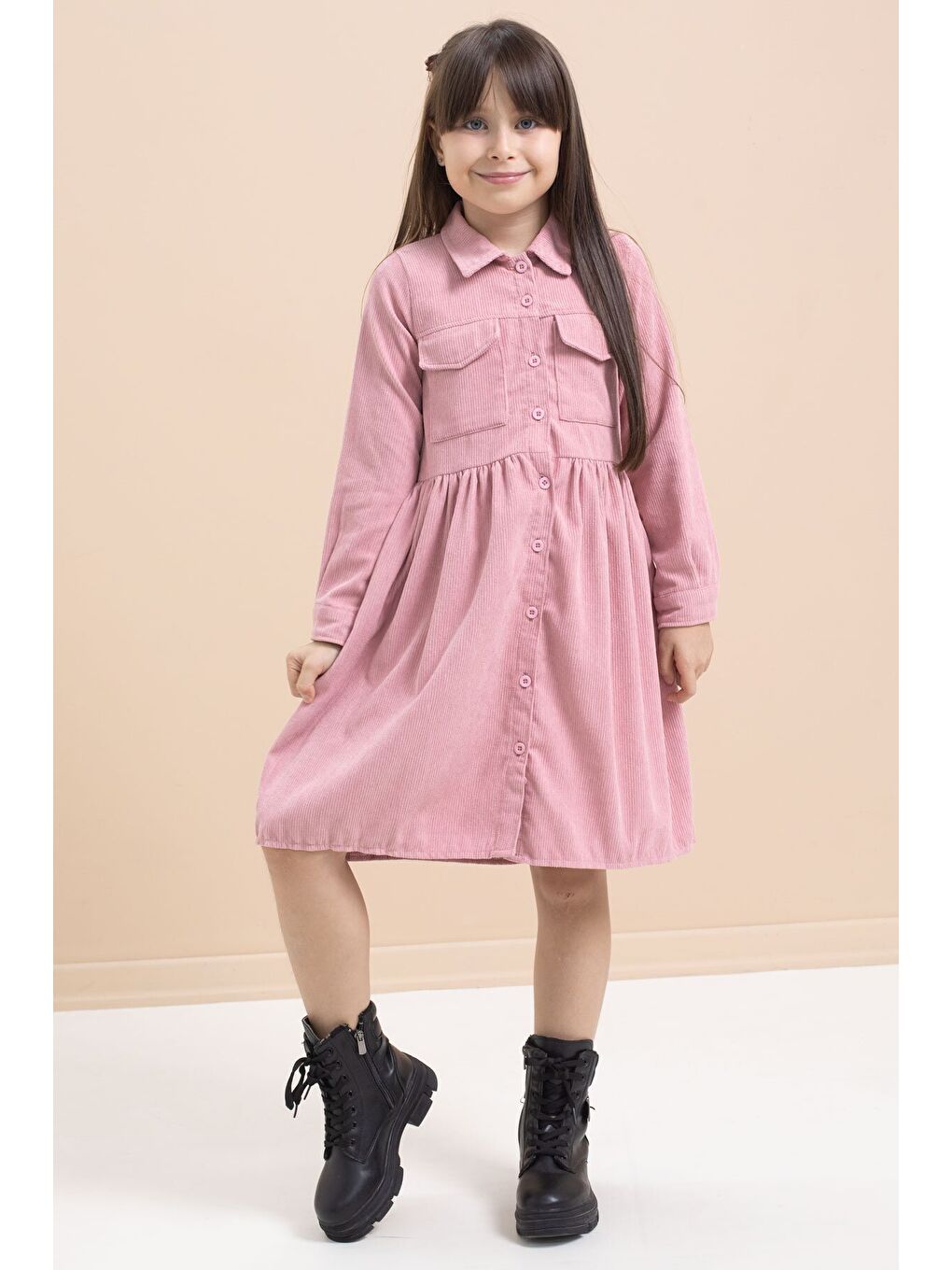 Pembe Gülkurusu Kız Çocuk Cep Detaylı Kadife Desenli Elbise 21549-1