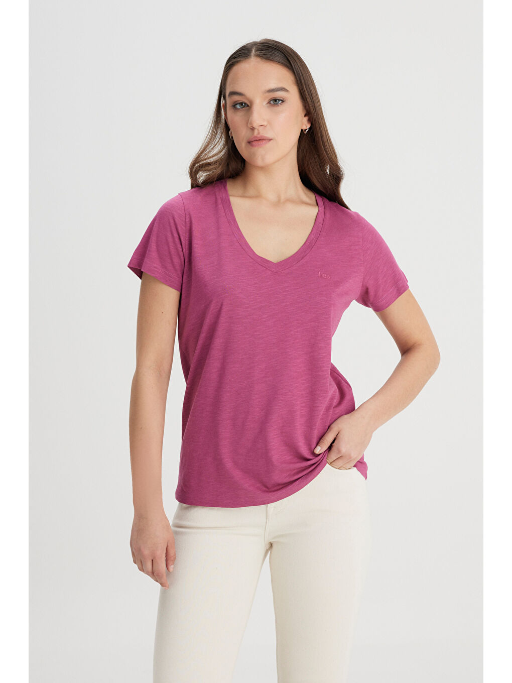 Regular Fit Normal Kesim V Yaka Mor Tişört-3