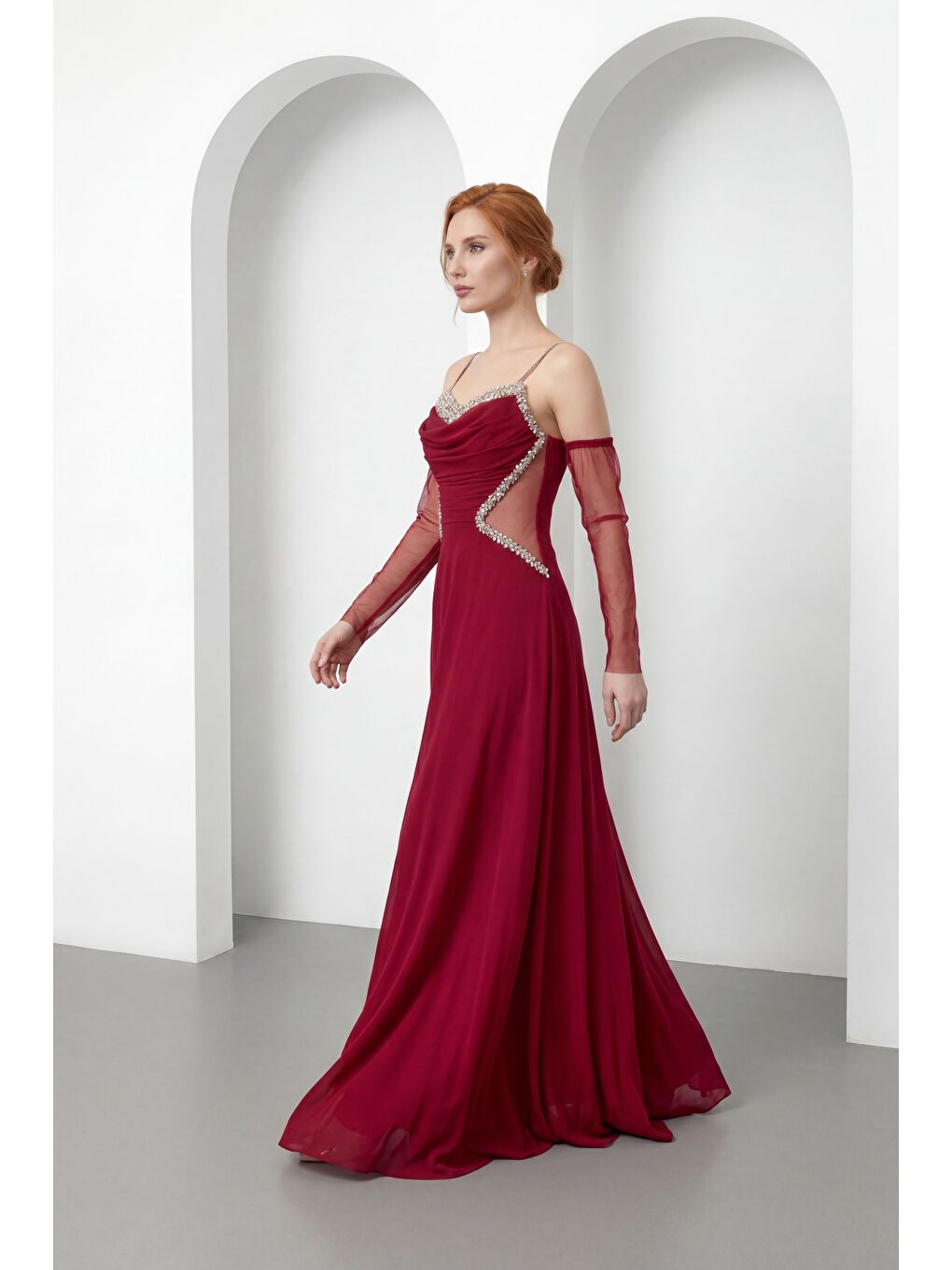 Kadın Bordo Taşlı Şifon Uzun Abiye Elbise-2