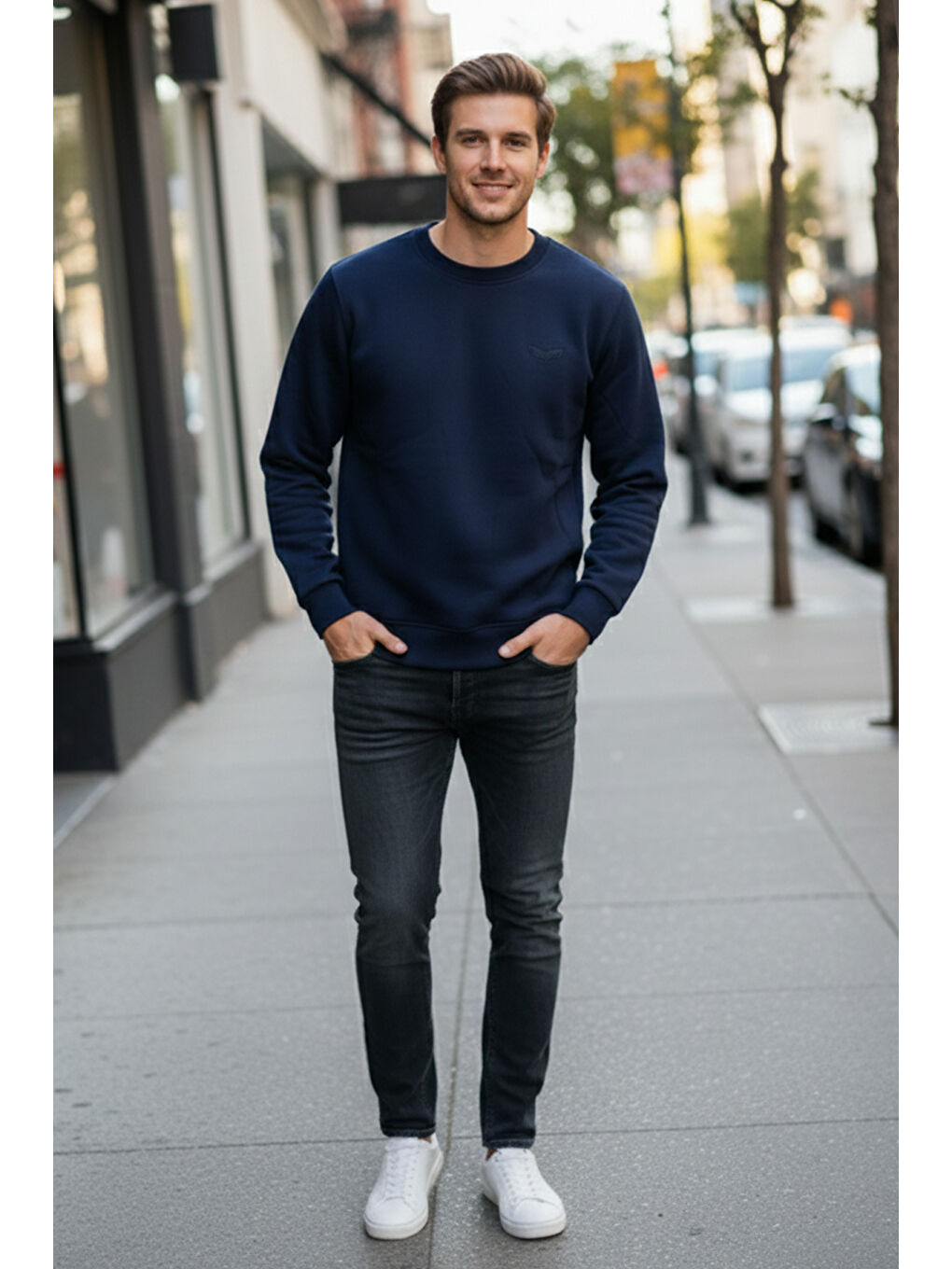 Erkek İçi Şardonlu Bisiklet Yaka Pamuklu Sweatshirt 0319 Lacivert-1