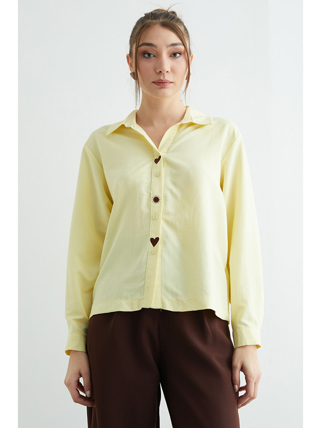 Sarı Kalp Ve Güneş Nakışlı Salaş Gömlek-2