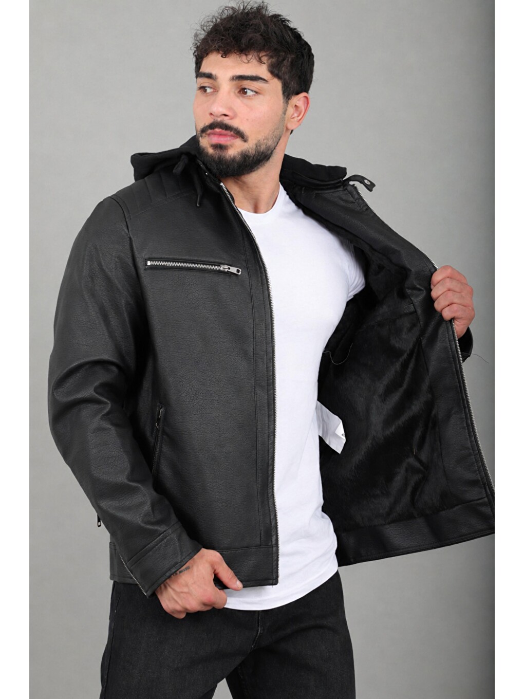 Siyah Penye Kapüşonlu Suni Deri Mont Kmd 836_50519-4