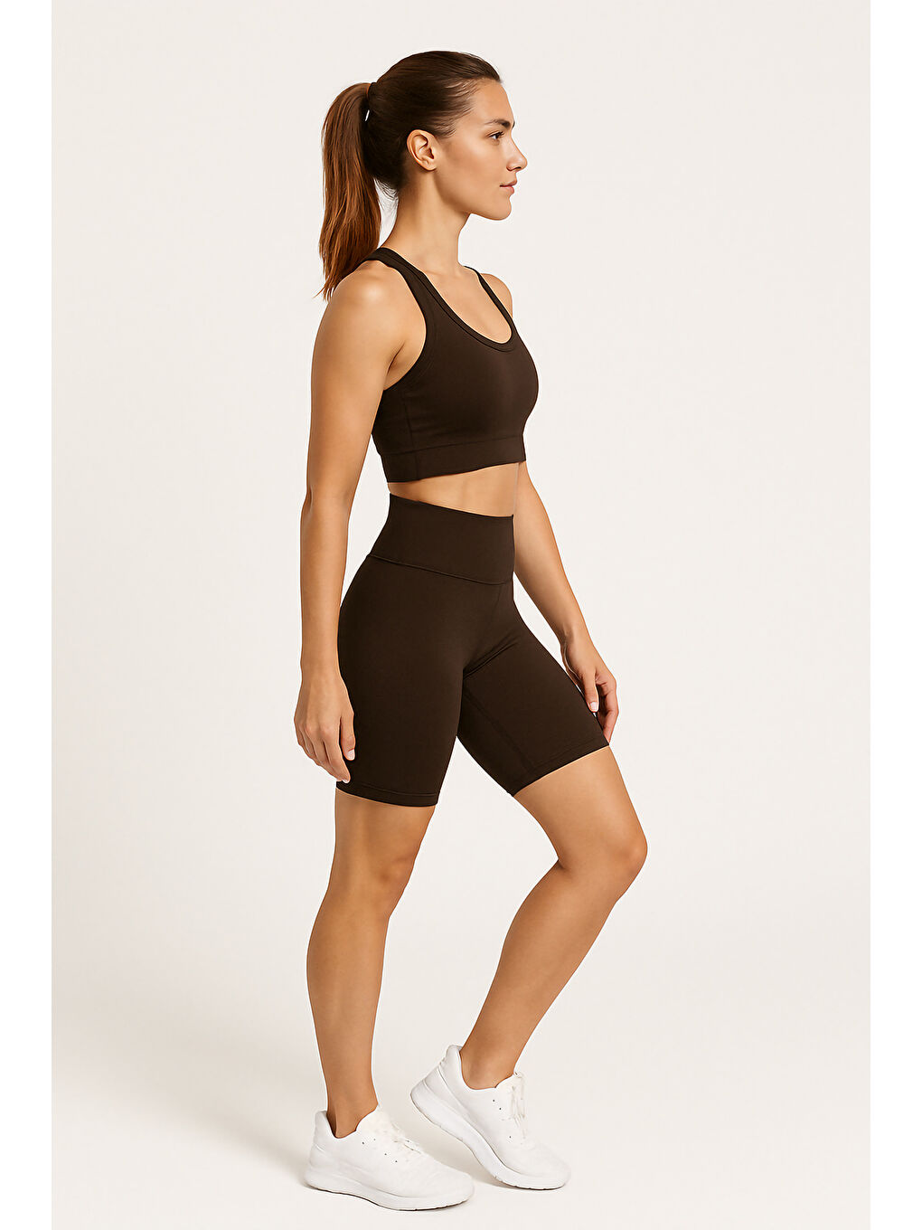 Kahverengi Yüksek Bel Toparlayıcı Kadın Spor Kısa Tayt-2
