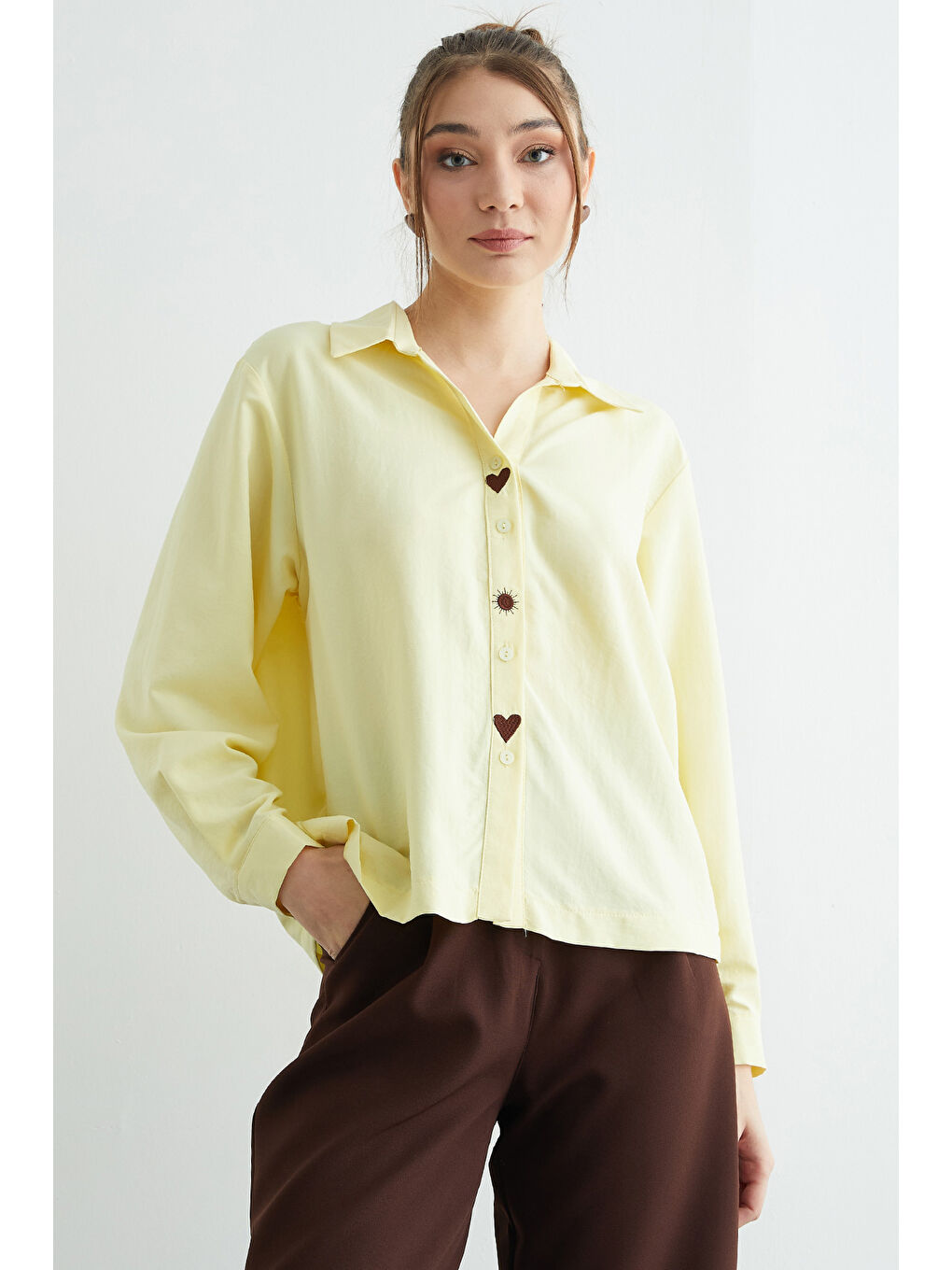 Sarı Kalp Ve Güneş Nakışlı Salaş Gömlek-3