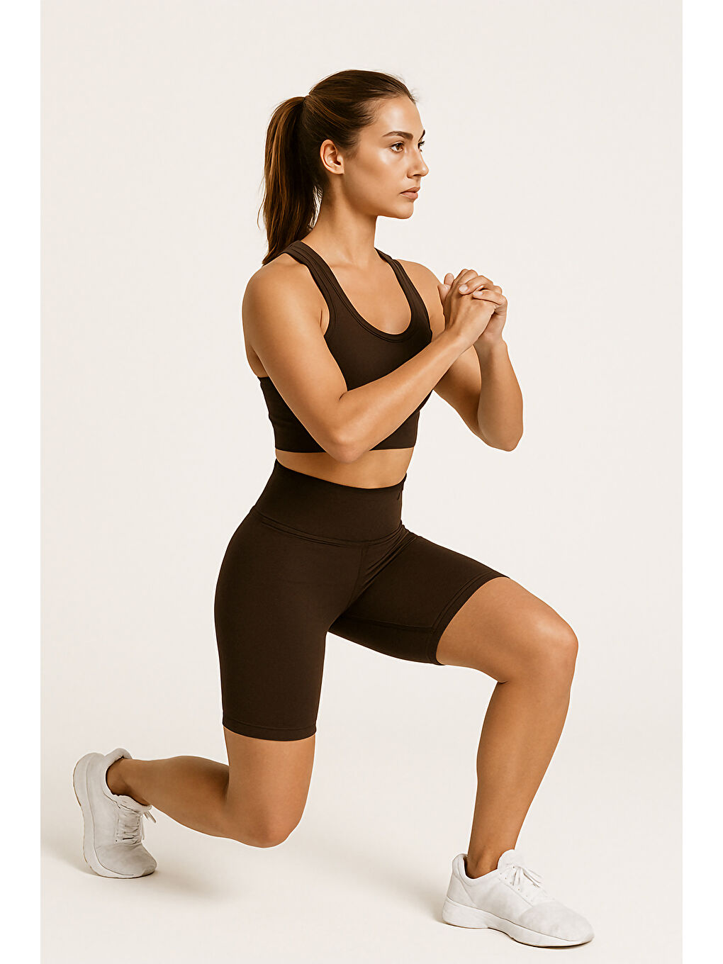 Kahverengi Yüksek Bel Toparlayıcı Kadın Spor Kısa Tayt-3