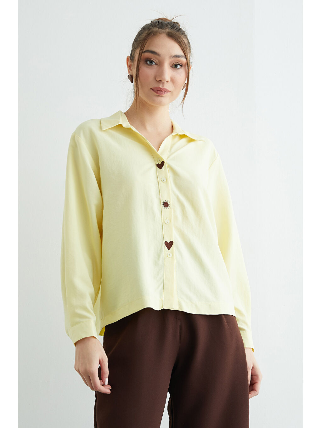 Sarı Kalp Ve Güneş Nakışlı Salaş Gömlek-4