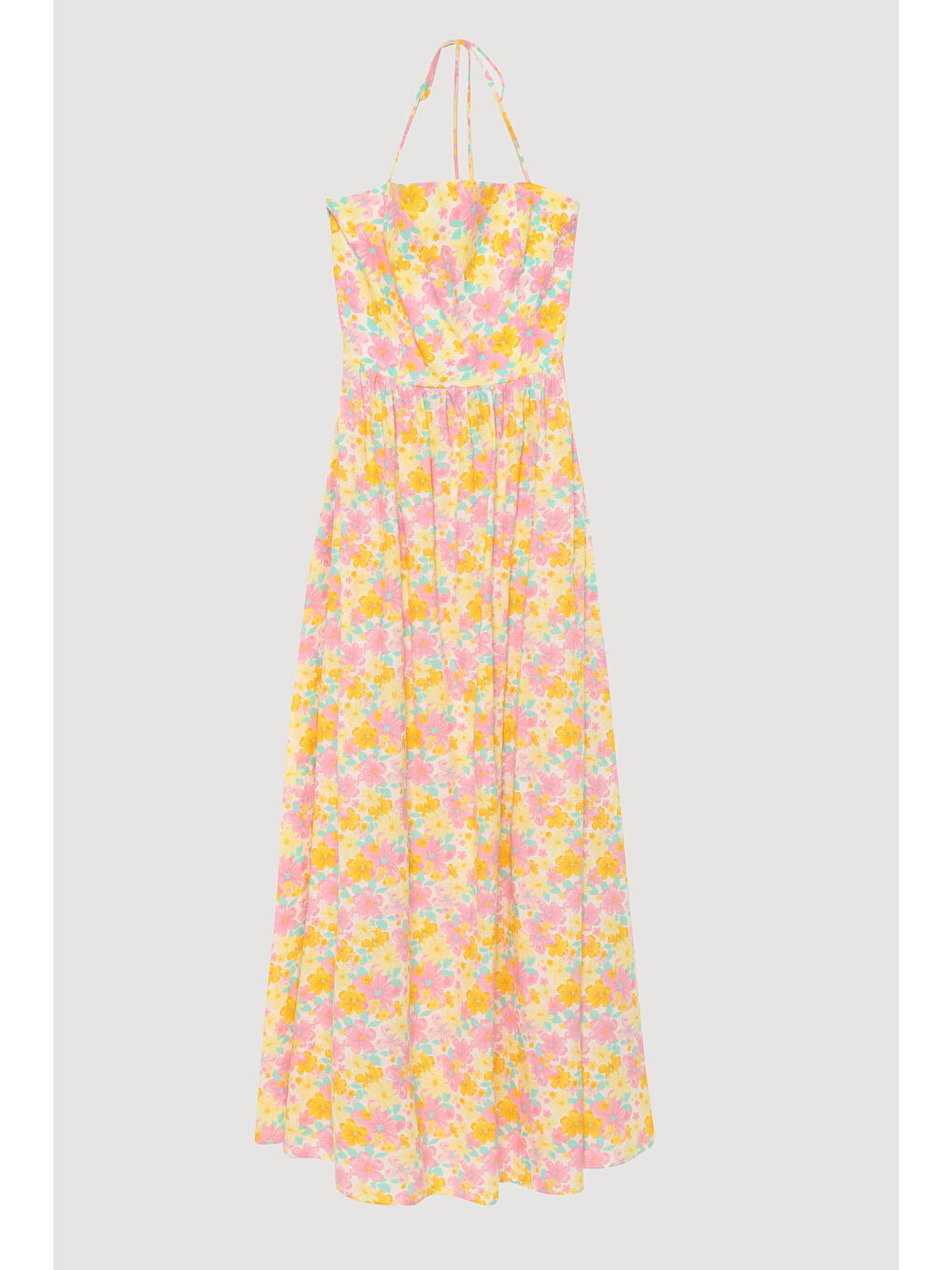 Sırt Dekolteli Çiçekli Uzun Elbise Pembe-1