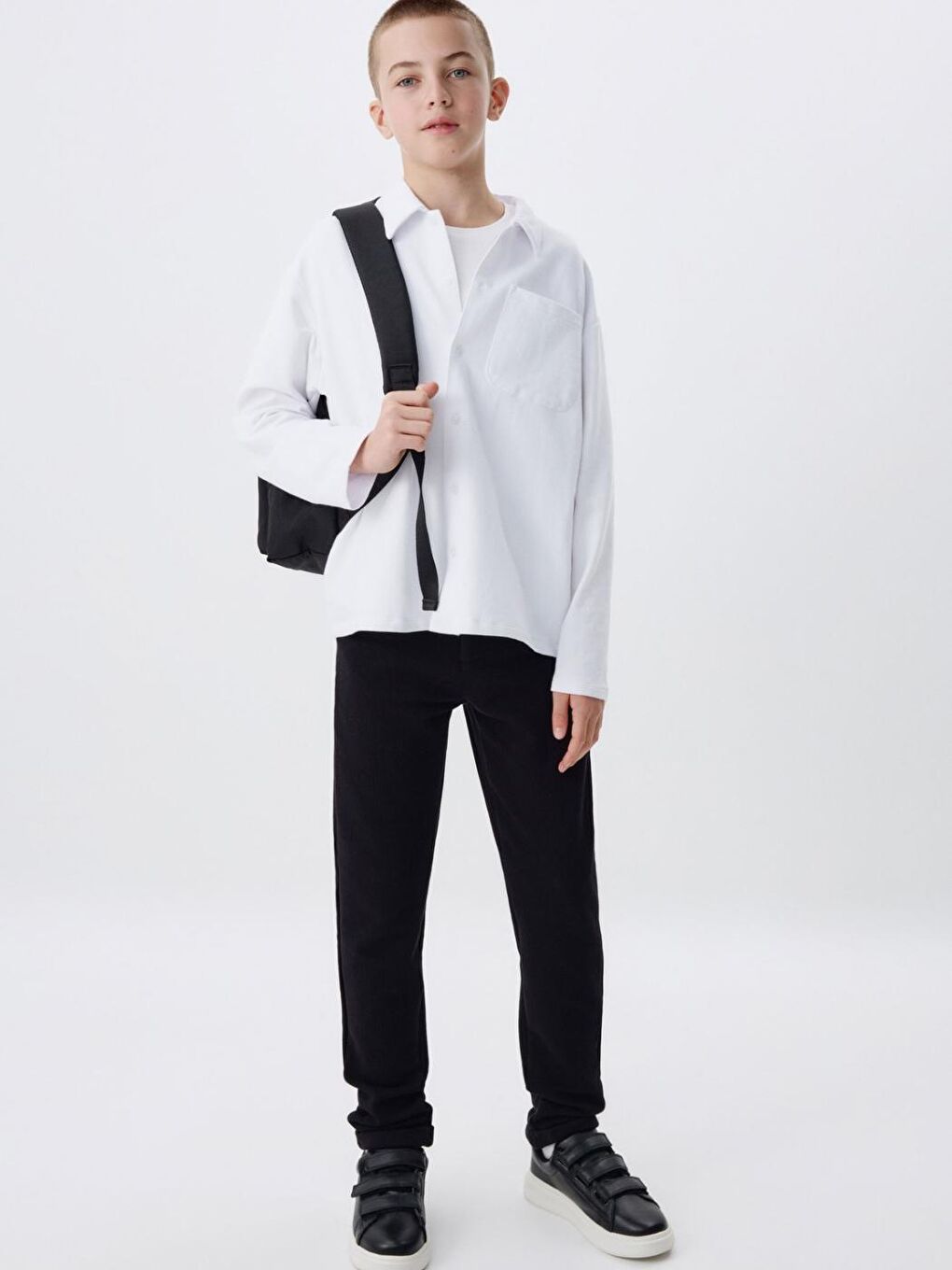 Siyah Erkek Çocuk 100% Pamuk Düz Dokuma Okul Pantolon-1