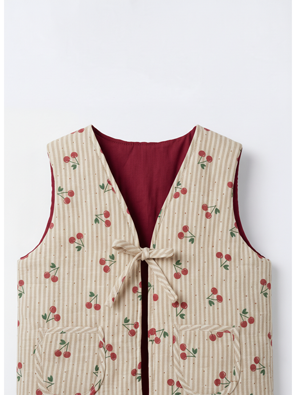 Karışık Kız Çocuk Pamuklu Bej Kiraz Desenli Bağlamalı Yelek-4
