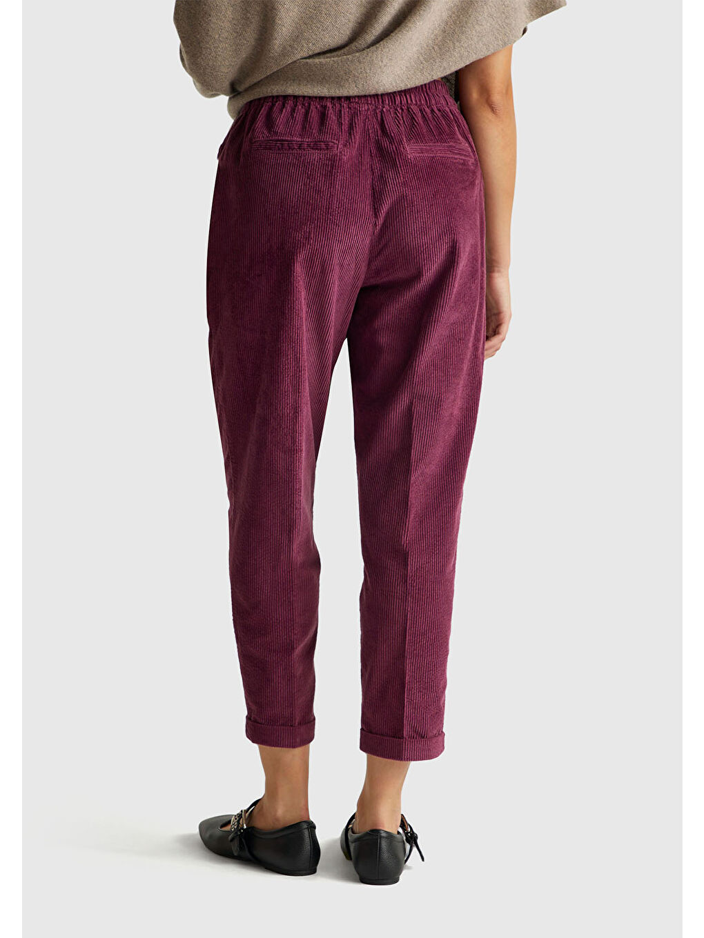 Kadın Mürdüm Beli Lastikli Kadife Pantolon-2