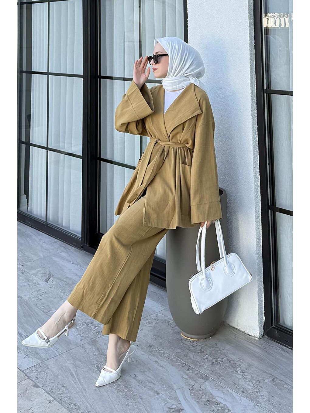 Kimono Tesettür Takım Yağ Yeşili