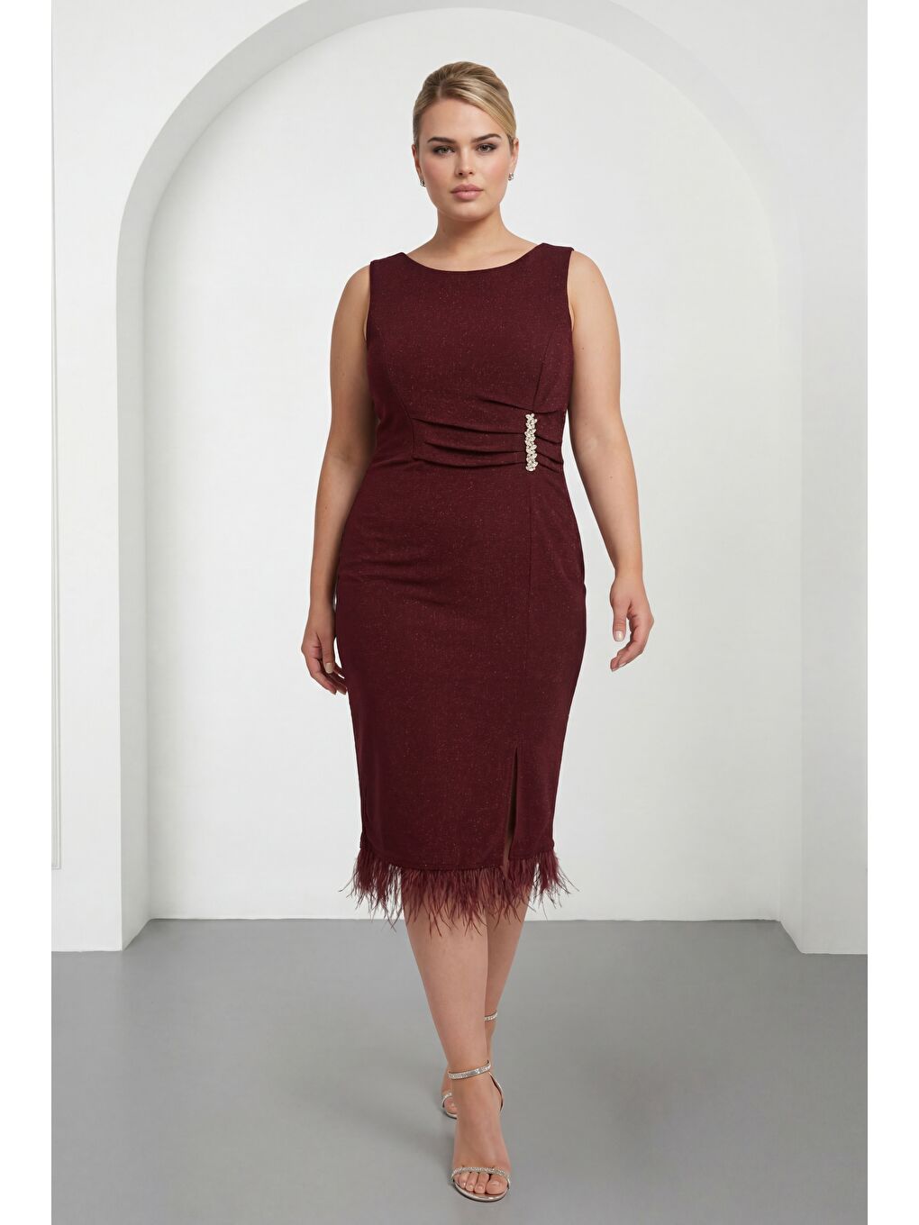 Kadın Bordo Bisiklet Yaka Taşlı Büyük Beden Abiye Elbise-1