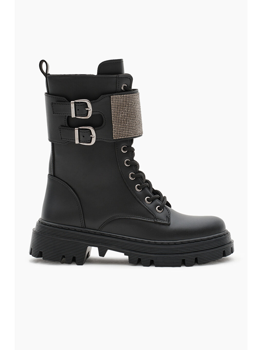 Kadın Siyah Cilt Termo Taban Yanı Çift Tokalı Taşlı Bağcıklı ve Fermuarlı Bot