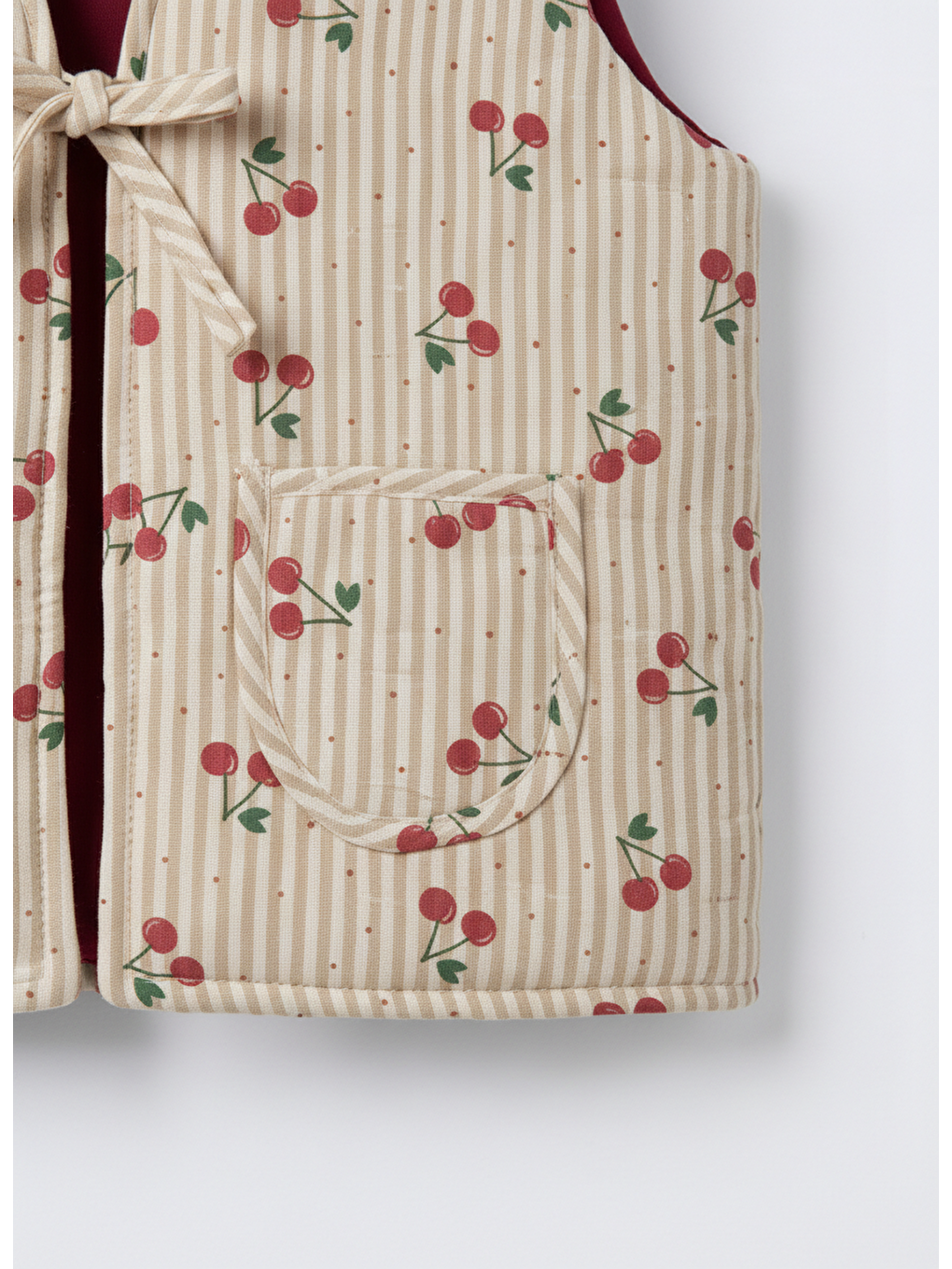 Karışık Kız Çocuk Pamuklu Bej Kiraz Desenli Bağlamalı Yelek-5