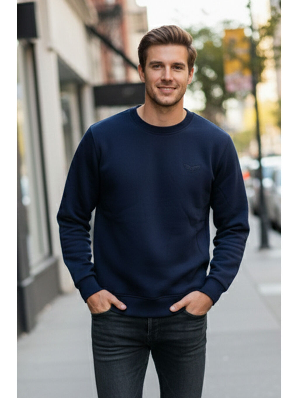 Erkek İçi Şardonlu Bisiklet Yaka Pamuklu Sweatshirt 0319 Lacivert-3