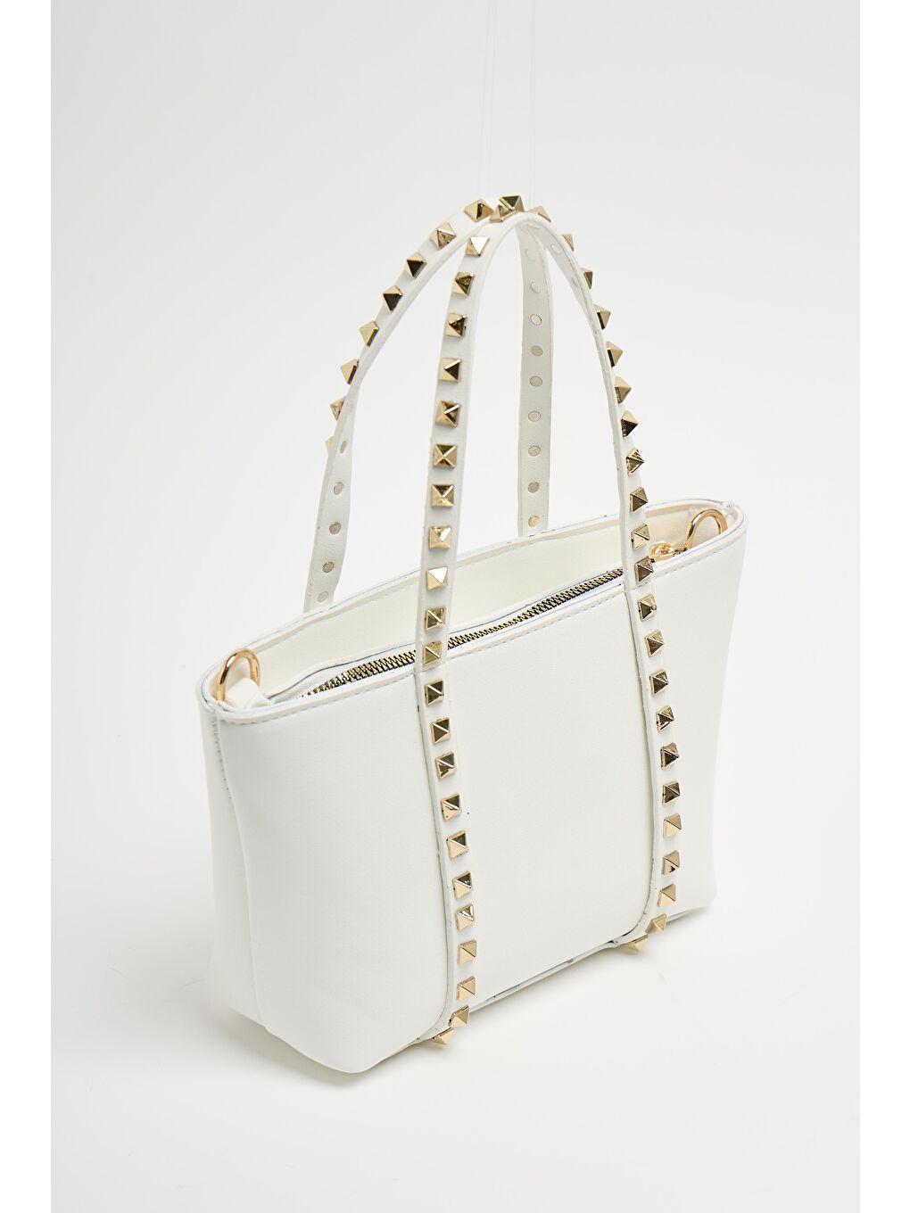 Beyaz Kadın Küçük Boy Zımba Detaylı Pu Deri Tokalı El Ve Omuz Çantası