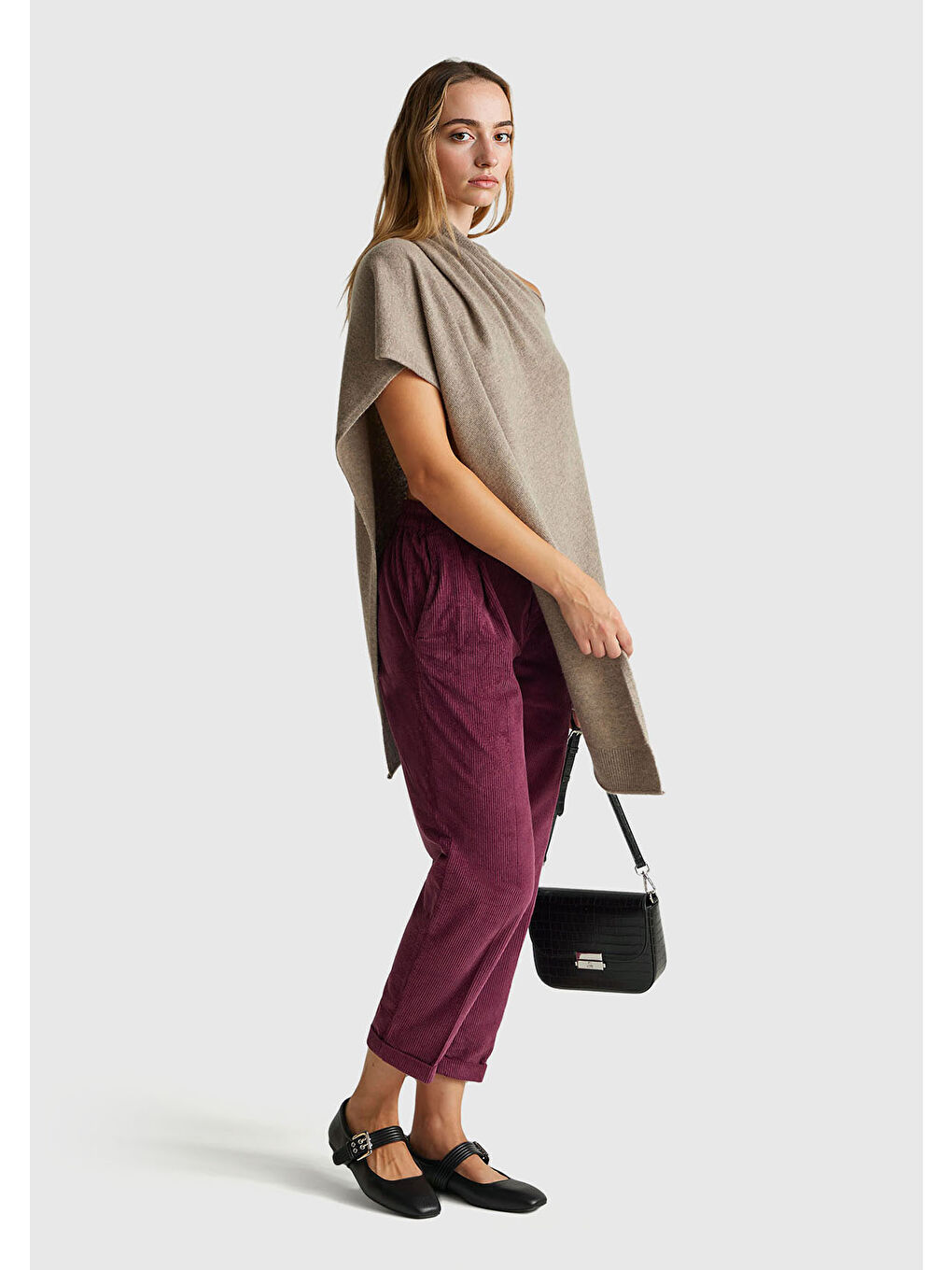 Kadın Mürdüm Beli Lastikli Kadife Pantolon-4