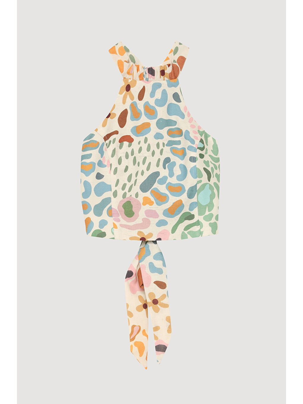 Bej Sırt Bağlamalı Desenli Keten Crop Bluz Naturel-1