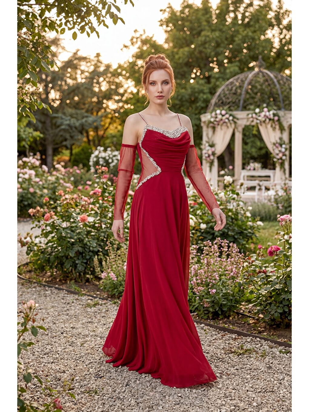 Kadın Bordo Taşlı Şifon Uzun Abiye Elbise-4