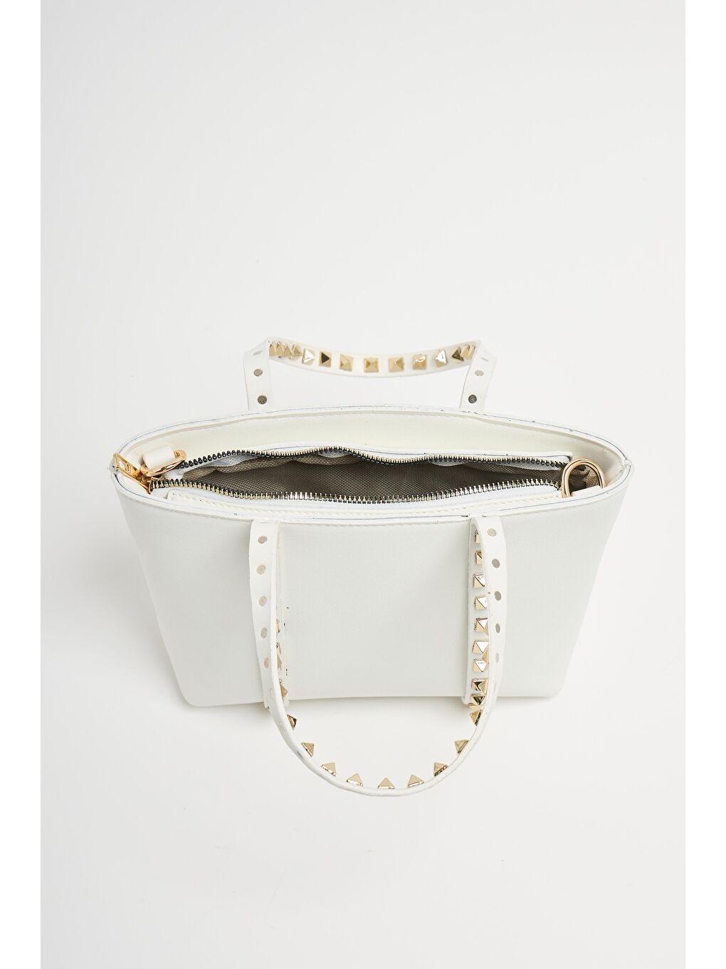 Beyaz Kadın Küçük Boy Zımba Detaylı Pu Deri Tokalı El Ve Omuz Çantası-1