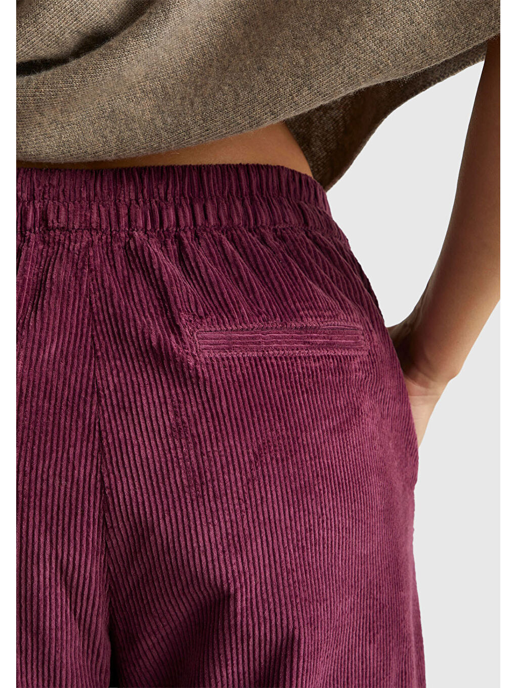 Kadın Mürdüm Beli Lastikli Kadife Pantolon-5