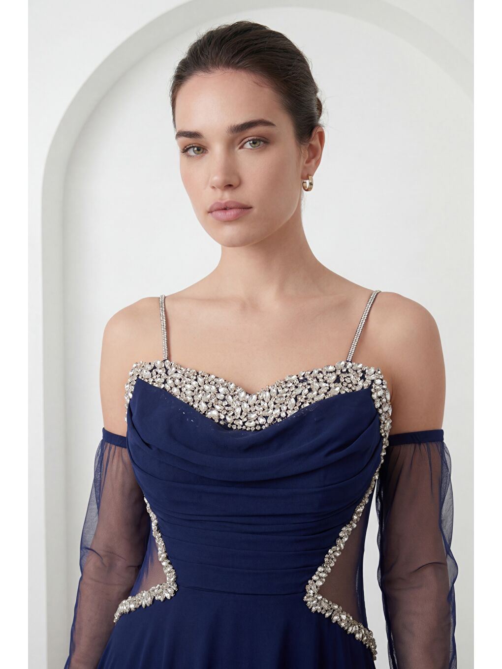 Kadın Lacivert Taşlı Şifon Uzun Abiye Elbise-2