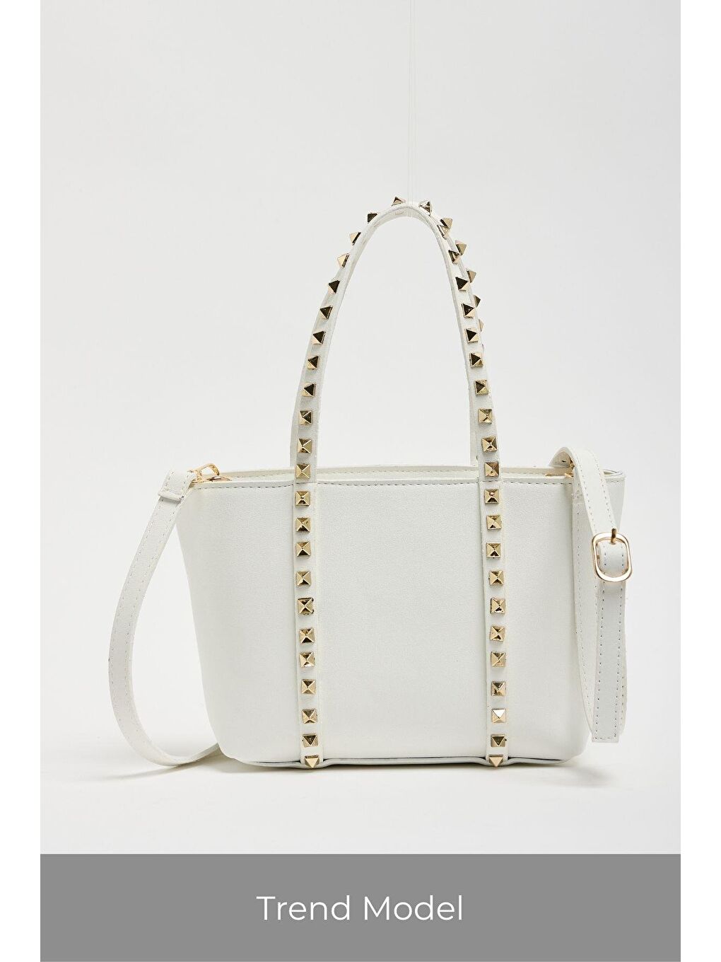 Beyaz Kadın Küçük Boy Zımba Detaylı Pu Deri Tokalı El Ve Omuz Çantası-2