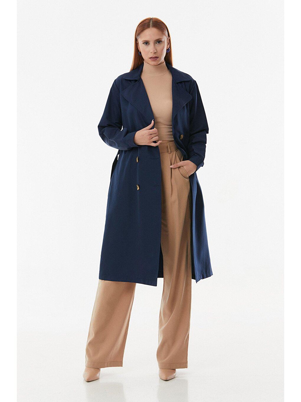 Lacivert Kruvaze Yaka Kuşaklı Uzun Trençkot-1