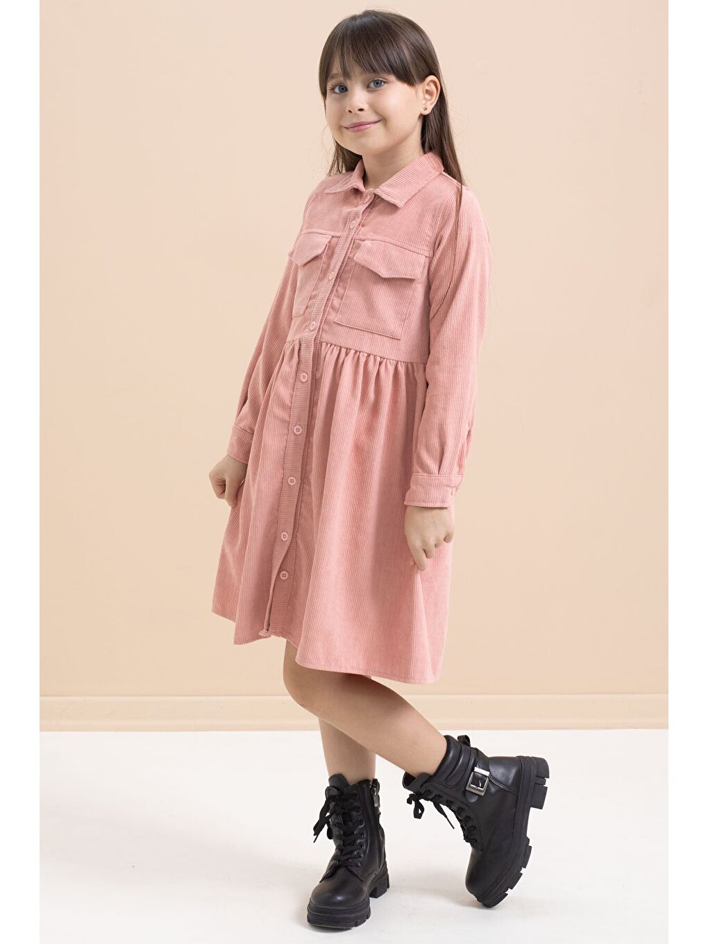 Pembe Kız Çocuk Cep Detaylı Kadife Desenli Elbise 21546-1