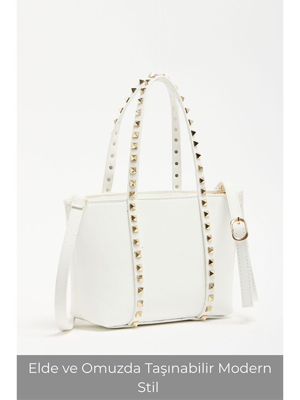 Beyaz Kadın Küçük Boy Zımba Detaylı Pu Deri Tokalı El Ve Omuz Çantası-3