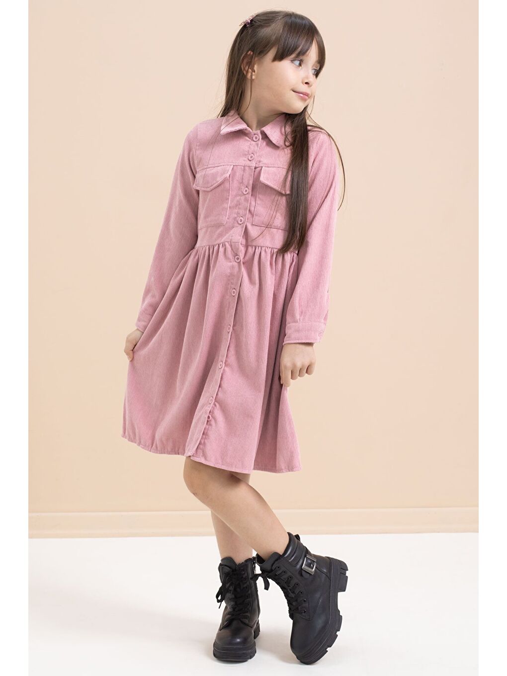 Pembe Gülkurusu Kız Çocuk Cep Detaylı Kadife Desenli Elbise 21549-3