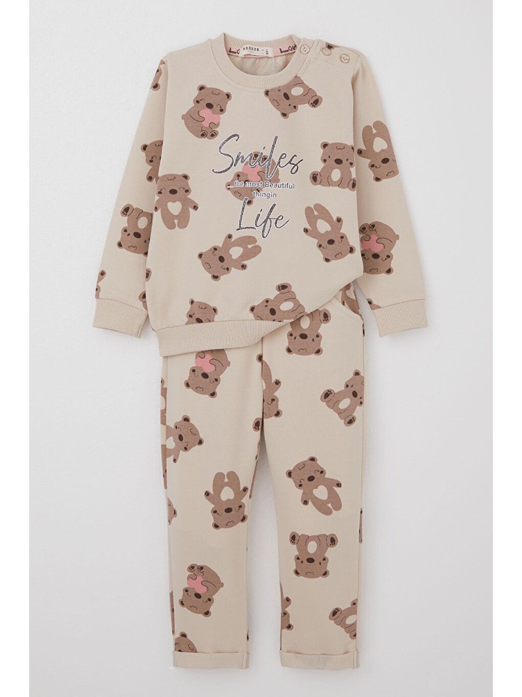 Kız Çocuk Eşofman Takımı Motivasyon Temalı Bebek Ayıcık Desenli Bej (1-4 Yaş)