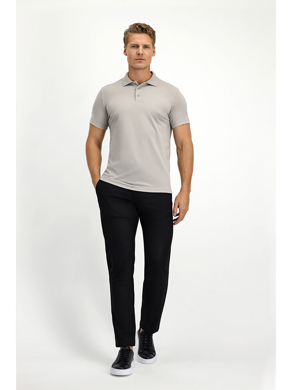 Gri Slim Fit Dar Kesim Pamuklu Polo Yaka Tişört-1