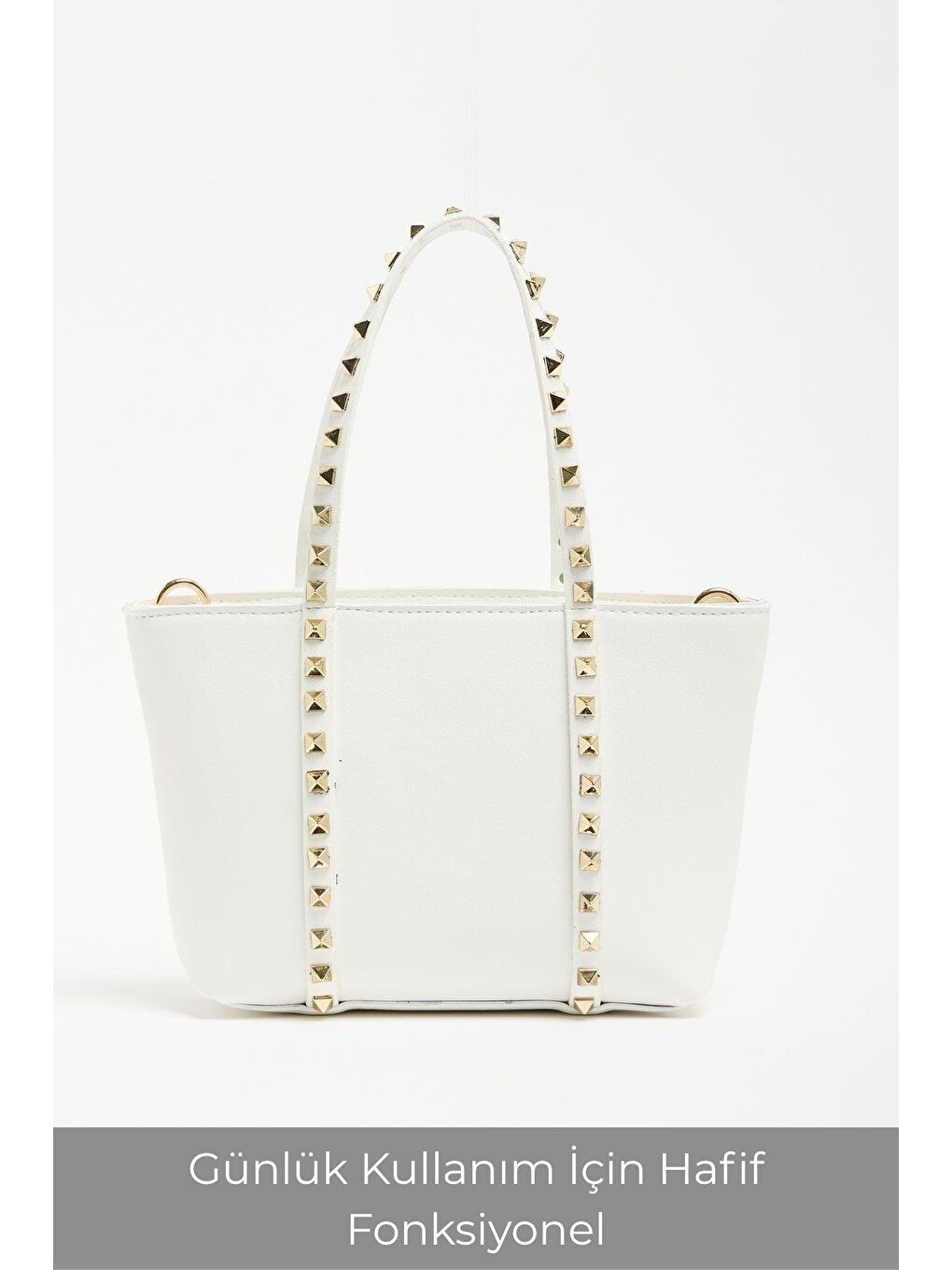 Beyaz Kadın Küçük Boy Zımba Detaylı Pu Deri Tokalı El Ve Omuz Çantası-4