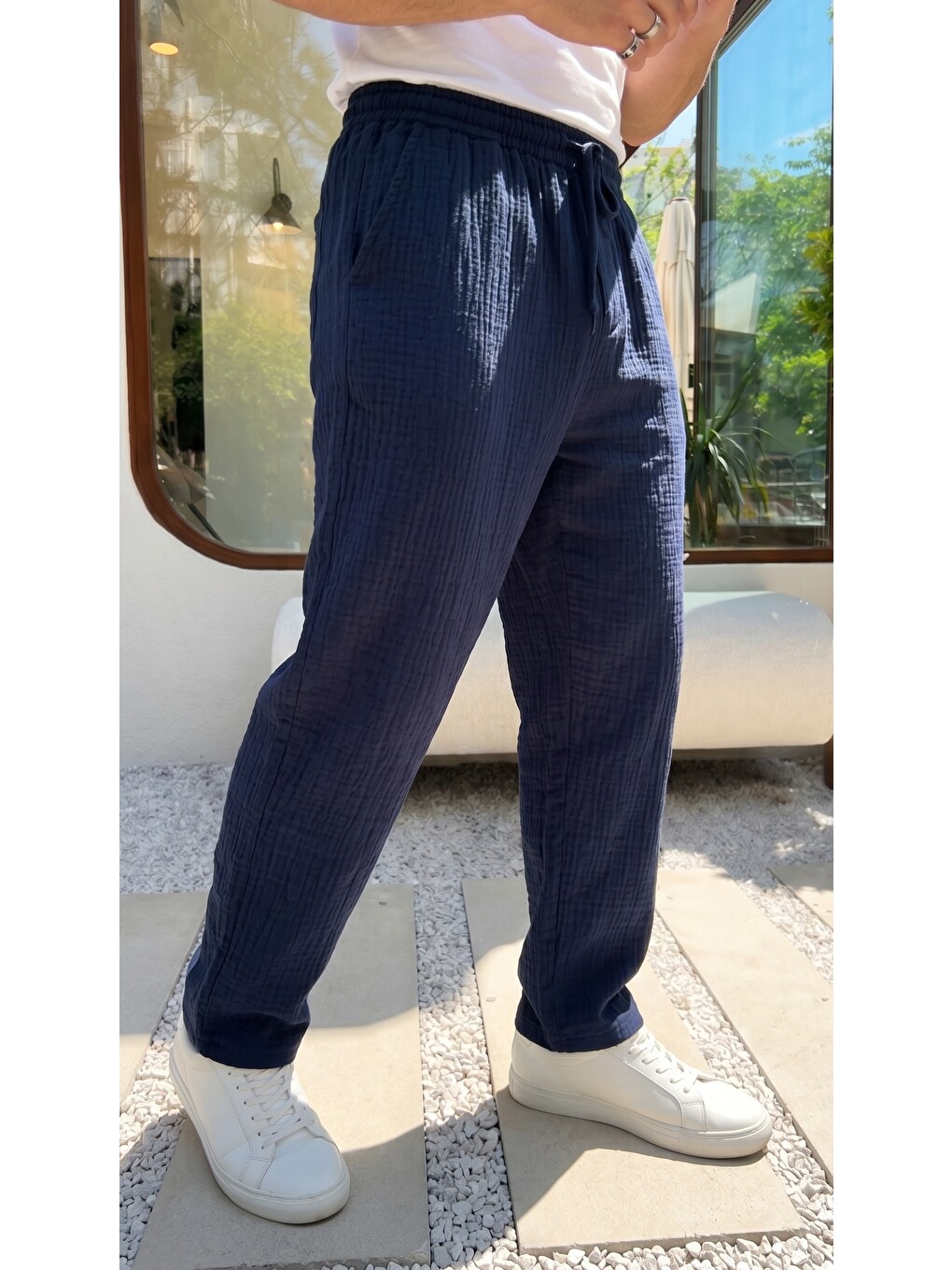 Lacivert Balve %100 Pamuk Baggy Müslin Kumaş Erkek Pantolon Bağcıklı Lastikli Bel Yazlık Pantolon-1