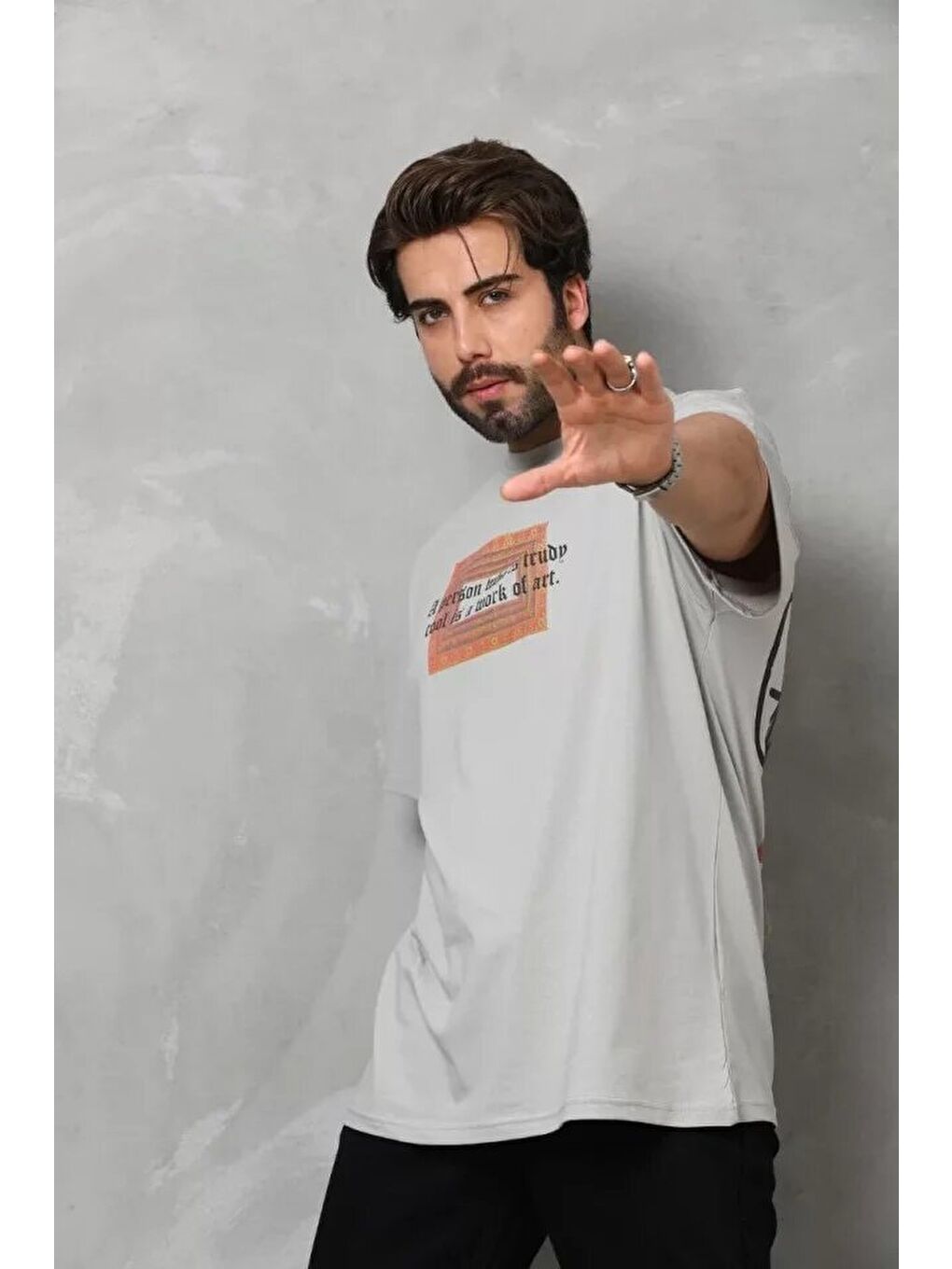 Unisex Bisiklet Yaka Baskılı Oversize T-Shirt - Gri-2