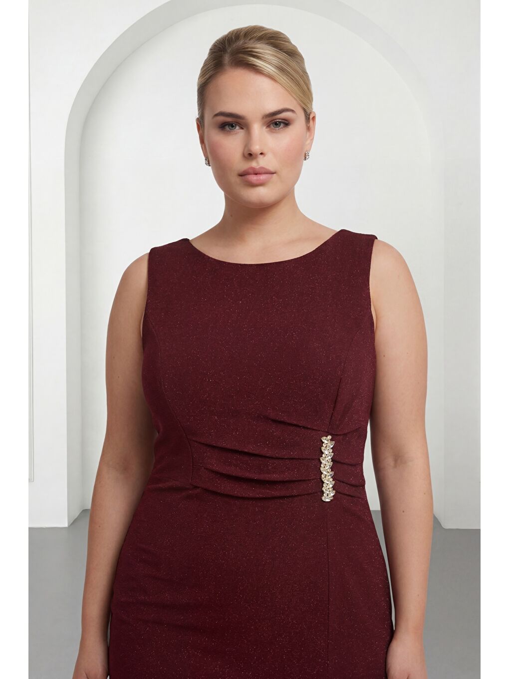 Kadın Bordo Bisiklet Yaka Taşlı Büyük Beden Abiye Elbise-2