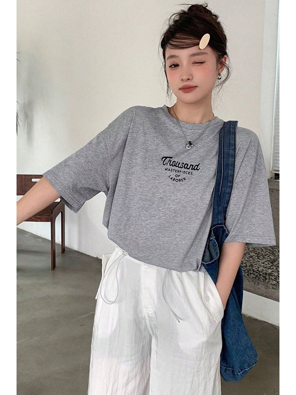 Gri Kadın GRİ Bisiklet Yaka Thousand Baskılı Oversize T Shirt-3