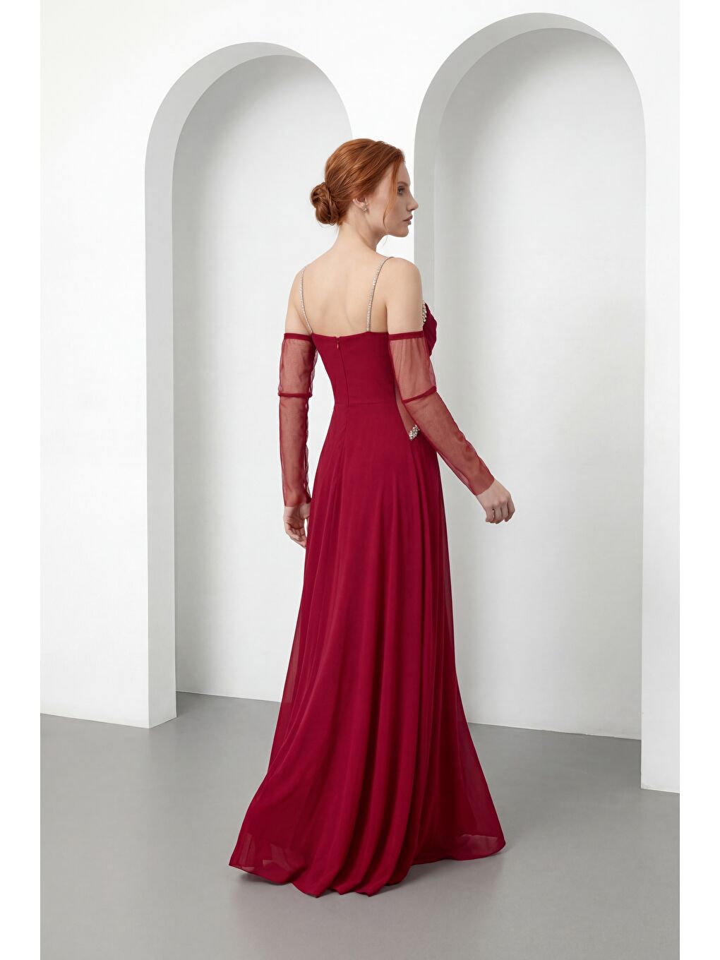 Kadın Bordo Taşlı Şifon Uzun Abiye Elbise-5