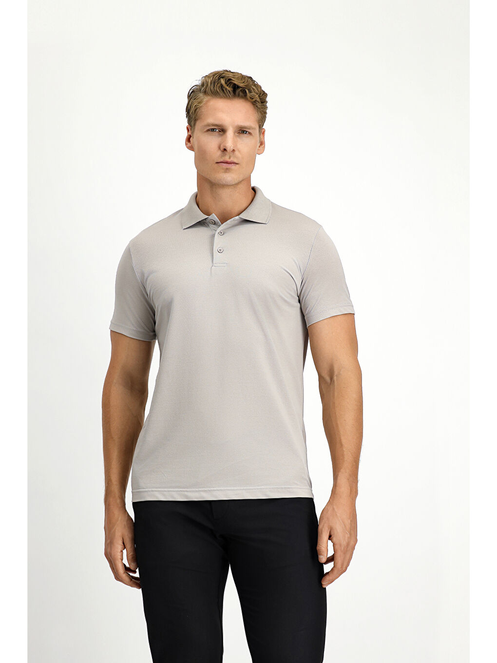 Gri Slim Fit Dar Kesim Pamuklu Polo Yaka Tişört-2