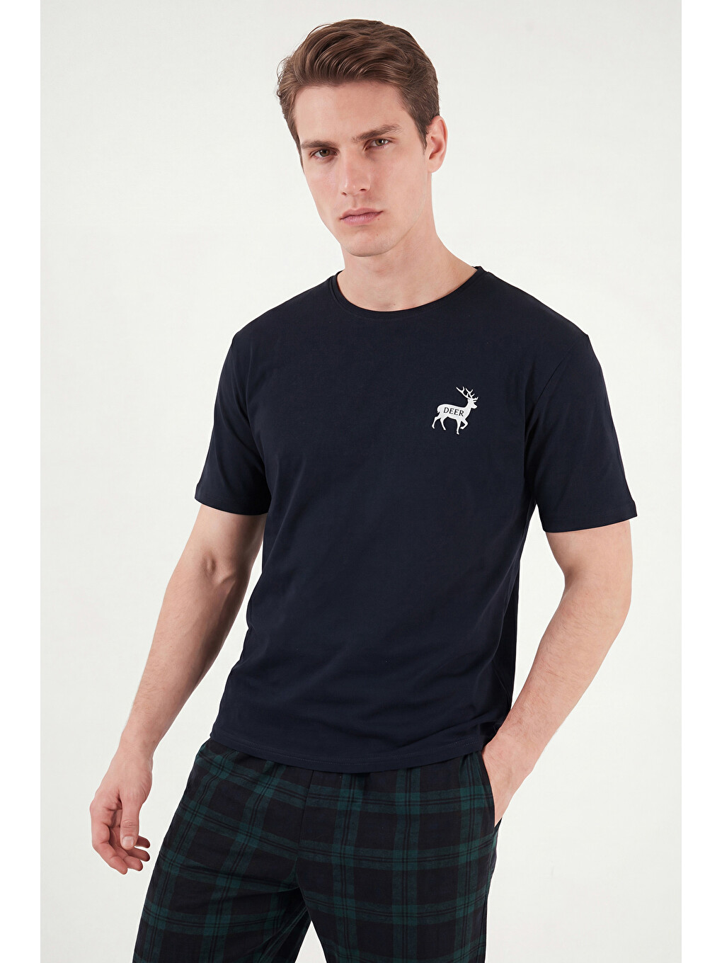 Lacivert Kareli Pamuklu Regular Fit Şortlu Pijama Takımı 6572022-5