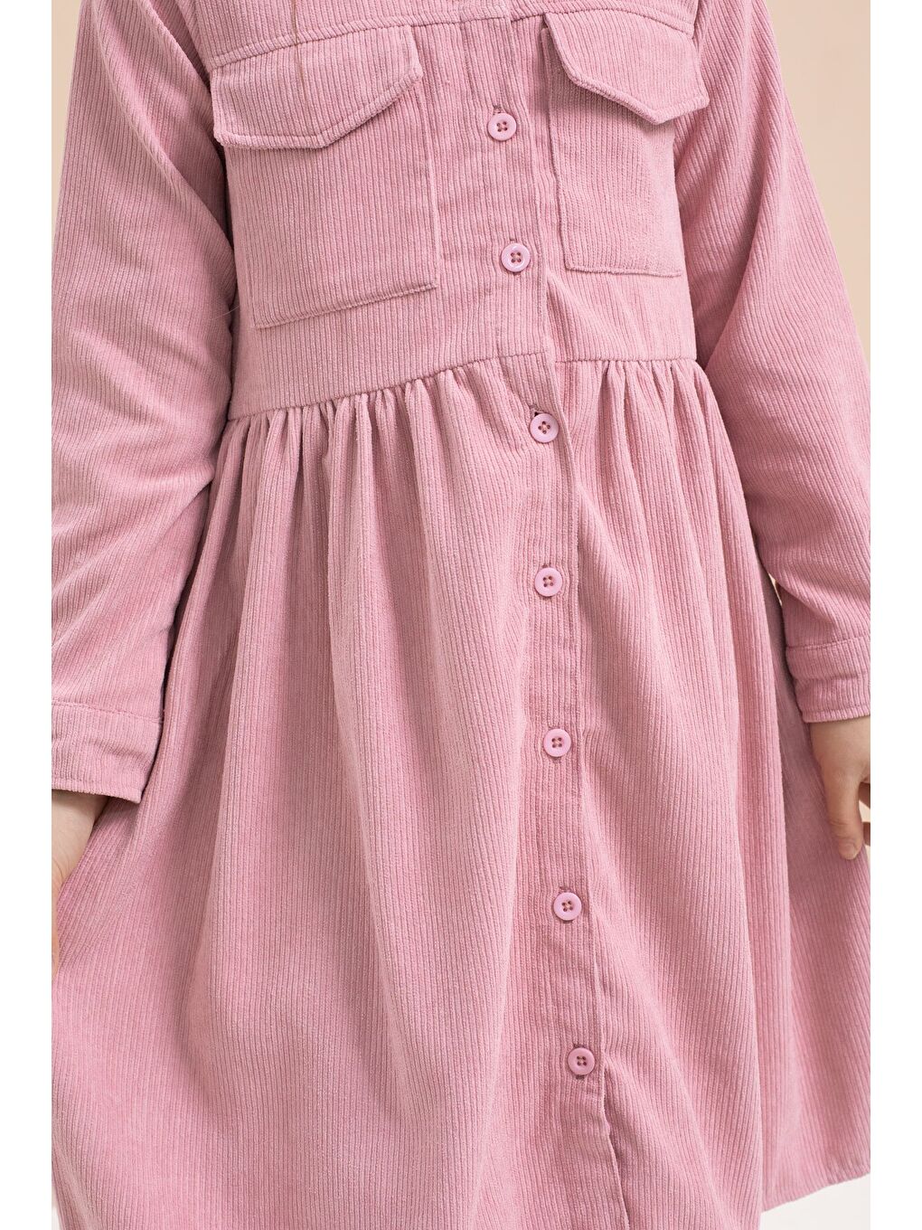 Pembe Gülkurusu Kız Çocuk Cep Detaylı Kadife Desenli Elbise 21549-4