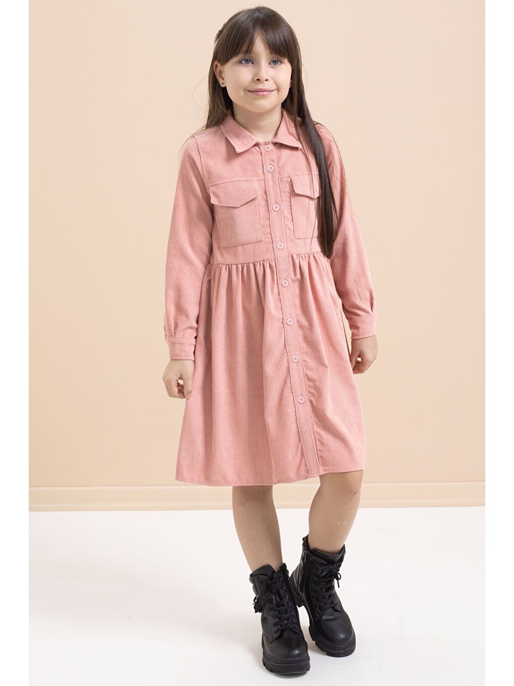 Pembe Kız Çocuk Cep Detaylı Kadife Desenli Elbise 21546-2