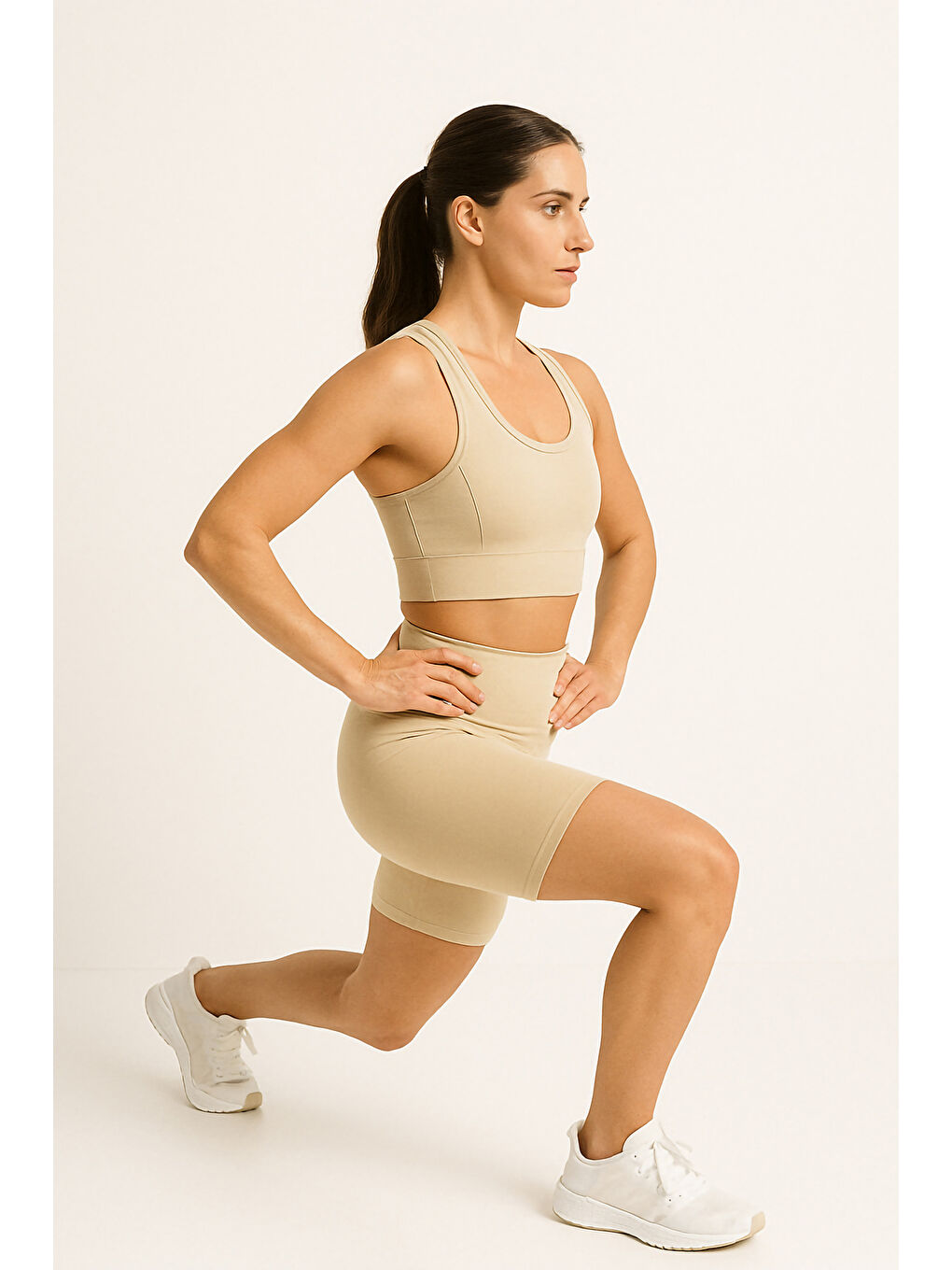 Bej Yüksek Bel Toparlayıcı Kadın Spor Kısa Tayt-2